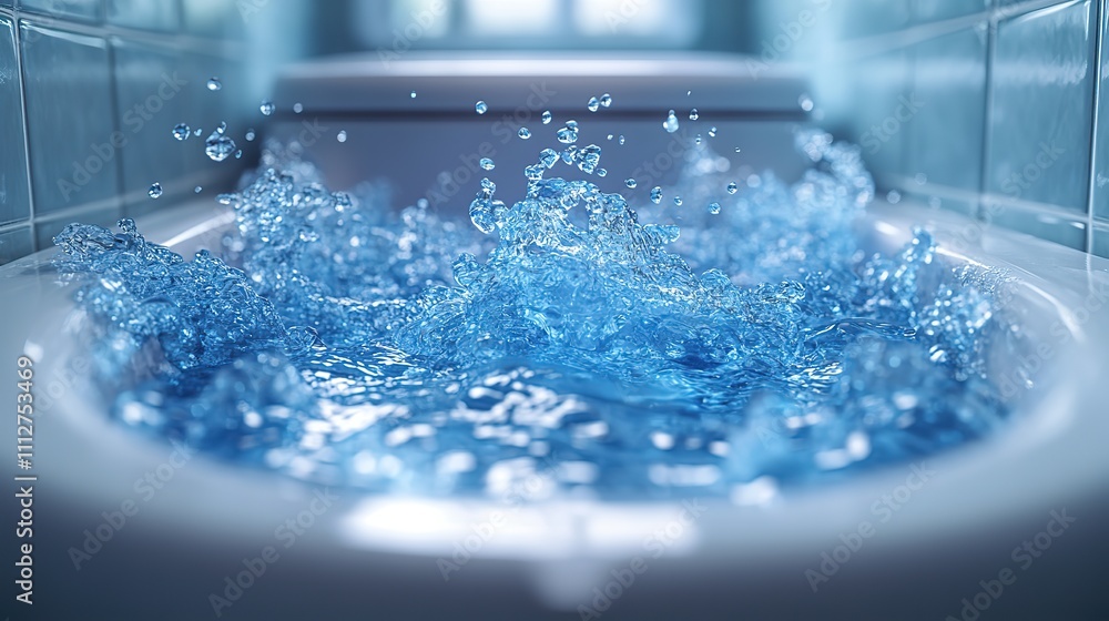 Poster 3d of a toilet bowl with blue detergent being flushed in it from abov