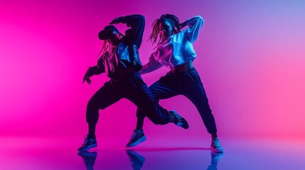 Two dancers showcase their skills in a colorful environment filled with pink and blue lights. Their energetic poses convey rhythm and creativity, highlighting urban street culture