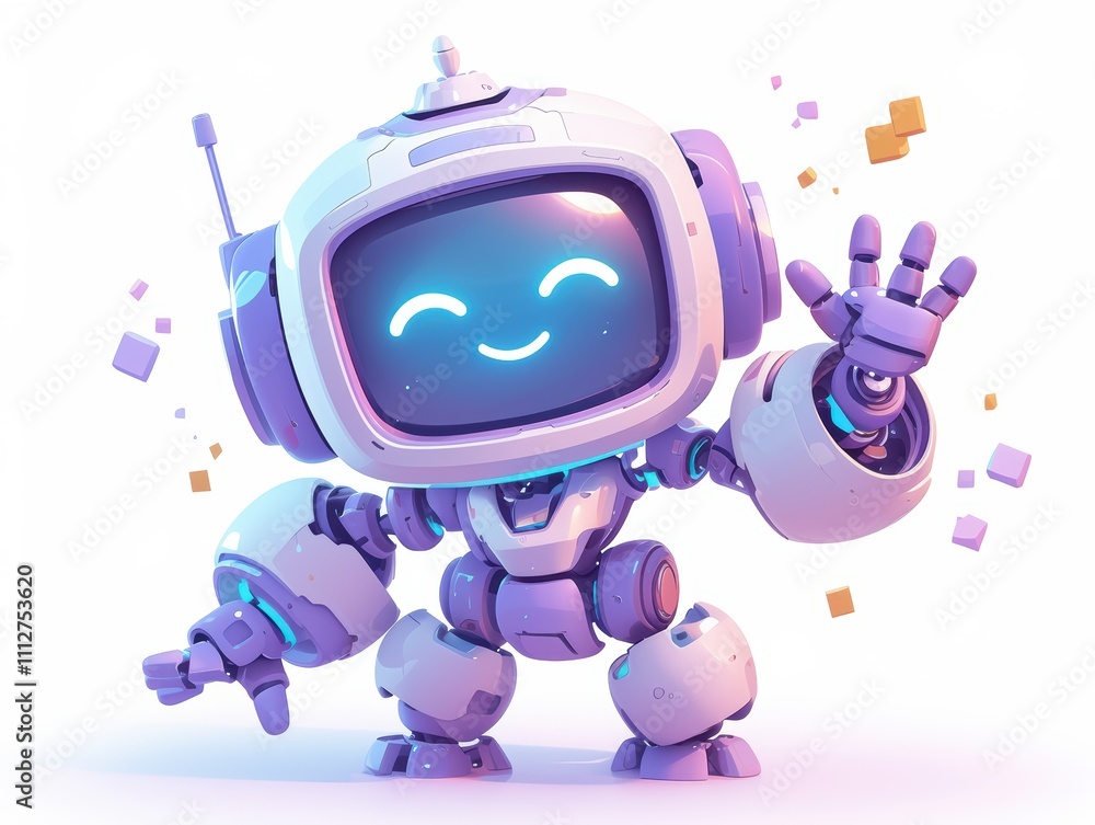 Poster a cheerful robot character with a friendly expression and playful pose.