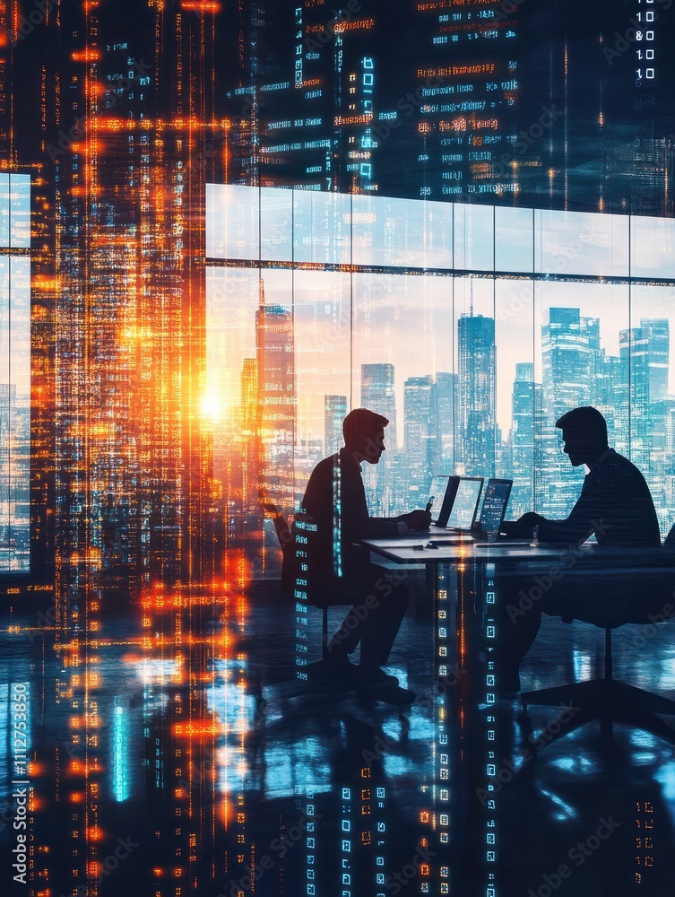 Poster backlit businesspeople working tohether in abstract blurry office interior with business charts and 