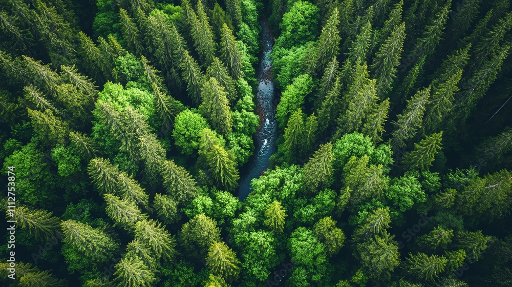 Sticker A lush green forest with a winding stream flowing through it.