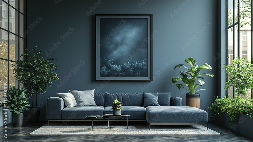 Poster 3d rendering of a mockup frame on a cabinet in the interior of a living room with a dark empty wall 