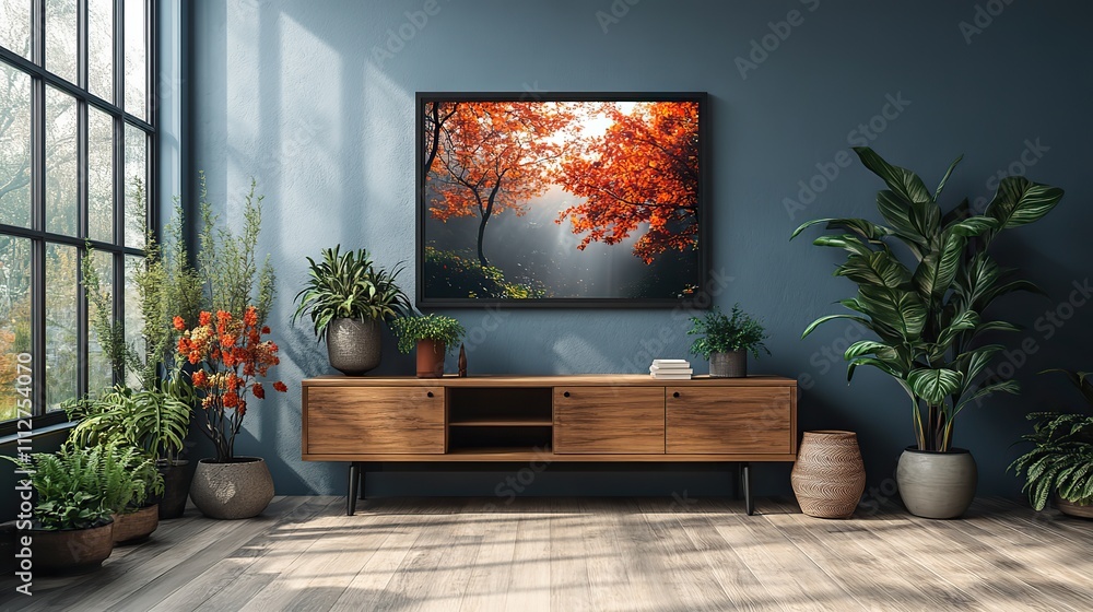 Poster 3d rendering of a mockup frame on a cabinet in the interior of a living room with a dark empty wall 