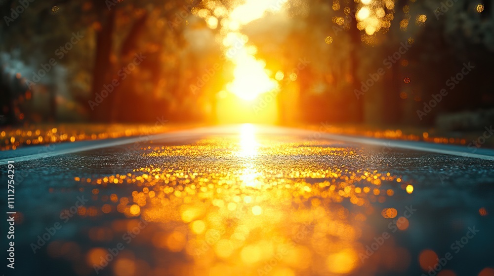 Aufkleber 3d rendering of empty road towards rising sun light reflection on asphalt surface for automobile advertising background path leading line and large copy space are