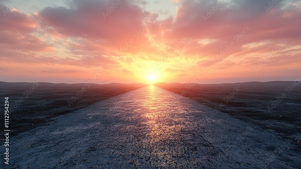 Aufkleber 3d rendering of empty road towards rising sun light reflection on asphalt surface for automobile adv
