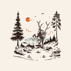 Hunting Deer illustration handdrawn
