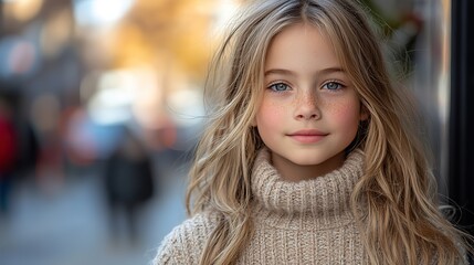 a beautiful 12 year old fashion model outdoors on a city sidewalk childhoo