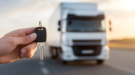 Hand holding a truck key with a truck in the background, symbolising ownership, transportation, or the beginning of a journey in a vehicle-focused setting