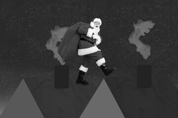 Creative photo collage illustration of positive funny good mood impressed excited santa claus...