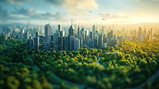 Green city skyline embracing sustainable future with renewable energy
