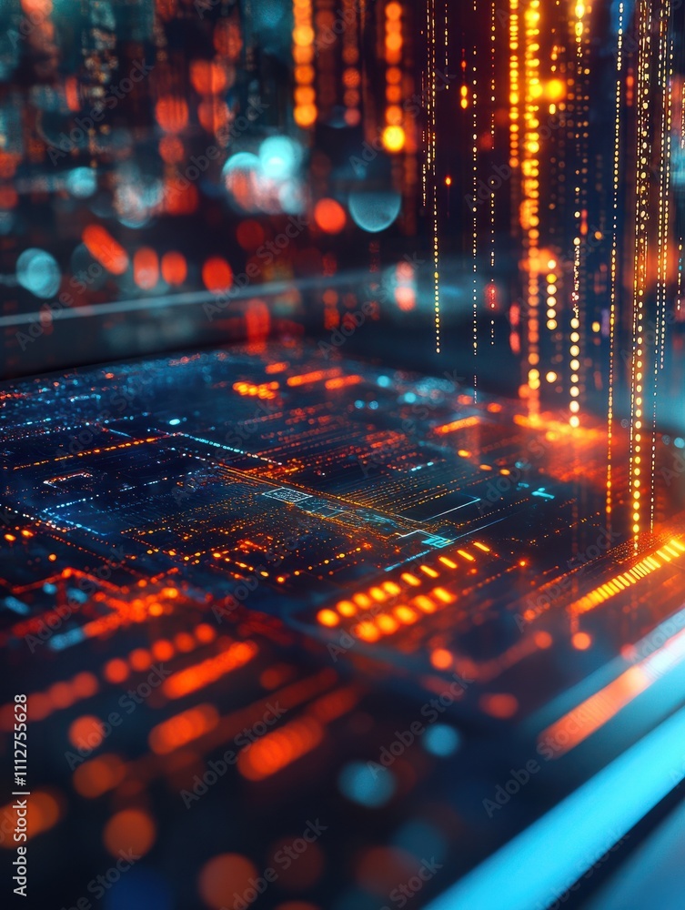 Poster close up of notebook with abstract glowing ai chip on blurry background. artificial intelligence and