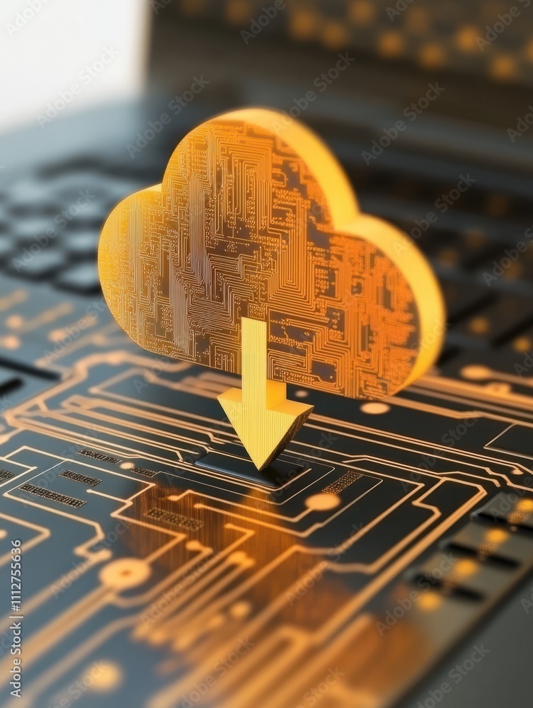 Poster cloud and internet information storage concept with digital cloud icon with arrow up with microcircu