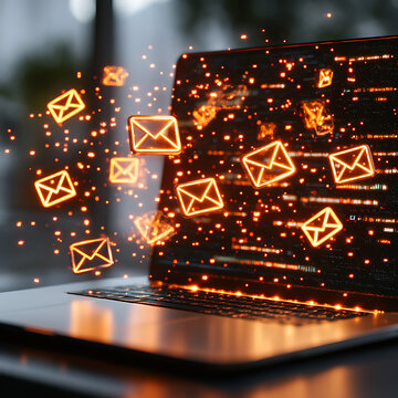 Email Notifications Flowing From a Laptop. A modern, futuristic image of a laptop screen displaying a flurry of glowing email icons.