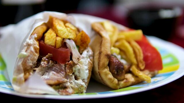 Tasty wrapped greek chicken gyros with vegetables, french fries and tzatziki sauce closeup on the board on the table. top view from above
