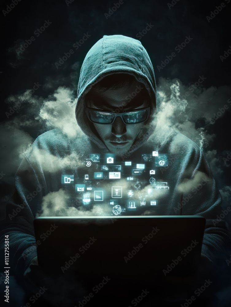 Poster cloud service security: hacker with laptop and digital screen with cloud service application icons.