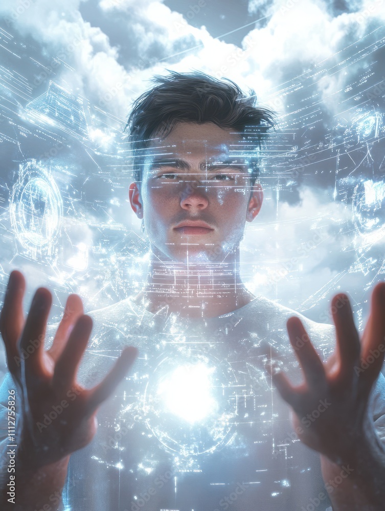 Poster cloud service technologies: man with opened hands and digital screen with cloud and life style signs
