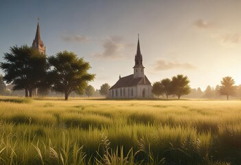Obraz premium A sun-drenched field of tall grass with a distant church steeple visible , steeple, fields, distant view