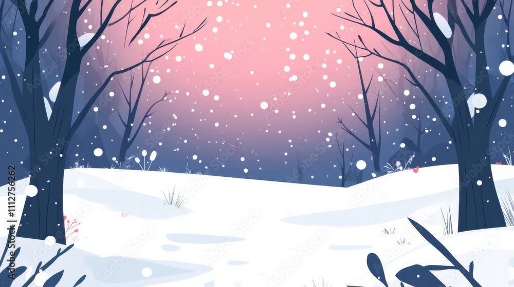 Poster winter scene with falling snow and empty space for text
