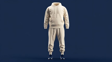 Minimalist 3D mockup of a Men's cream sport tracksuit on a vibrant navy blue background
