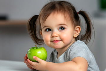 Fototapeta premium Cute little girl with pigtails and a gray shirt enjoys a fresh green apple, standing in kitchen. Copy space.