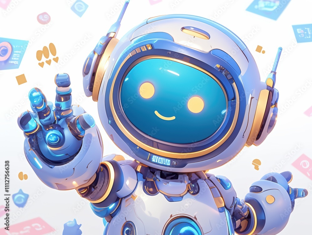 Poster a cheerful robot character with a friendly expression and a peace sign gesture.