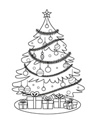 Coloring Page Featuring a Beautifully Adorned Christmas Tree with Presents Beneath