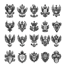 Fototapeta premium Engraving heraldic logos. Crest depicting shield lion head with crown and bird wings, royal and kings power signs, vintage hand drawn black monochrome retro icons isolated vectors
