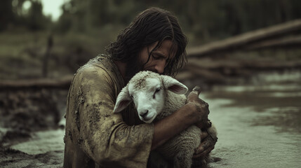 Jesus hugs a desperate lost lamb out of the deep mud where it sunk in