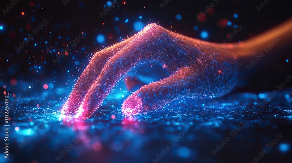 Poster a hand clutching a pen triangles low polygon lines and particle style designs geometric abstract wireframe structure for connecting light