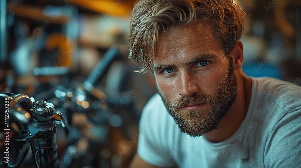 Poster a handsome mechanic fixes bicycles in his workshop up close a young man with a beard and a white t s