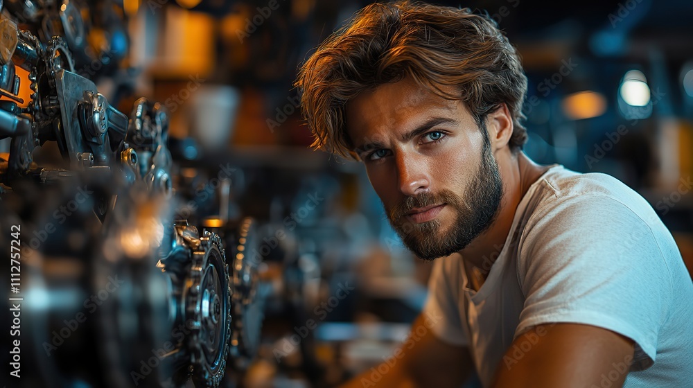 Poster a handsome mechanic fixes bicycles in his workshop up close a young man with a beard and a white t s