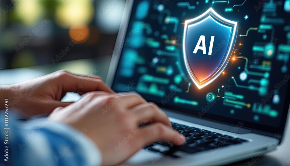 Poster a man hands typing on a laptop keyboard, with a security shield icon in text ai and displayed on the