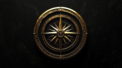 Golden compass with a black background.