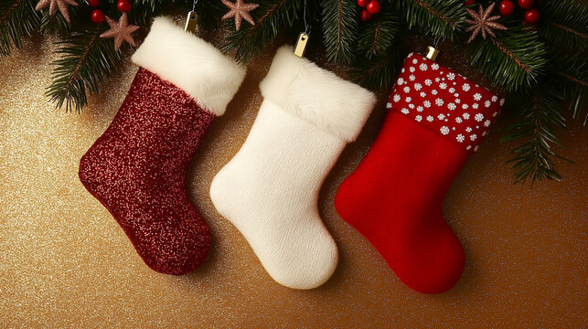 Festive Christmas Decor Bells, Tree Branches, and Stockings