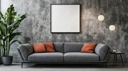 Contemporary Loft Living Room with Fabric Sofa and Poster Frame