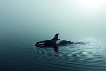 Naklejka premium A lone orca whale surfaces in a misty and serene ocean.