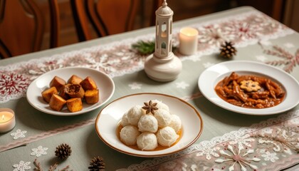 Festive Christmas meal with various dishes on a table.