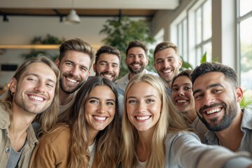 Fototapeta premium Group of Joyful Friends Smiling Together in a Bright, Modern Cafe