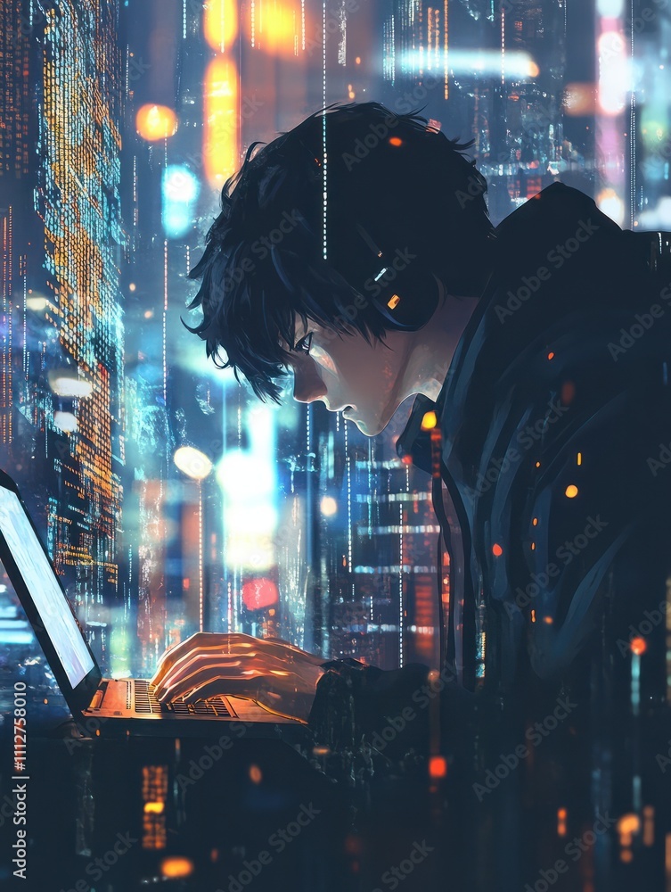 Poster hacker in hoodie using laptop with abstract creative business charts and binary code on blurry offic