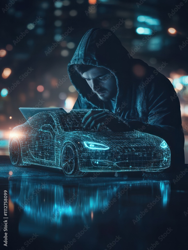 Aufkleber hacker using laptop with abstract digital car hologram on dark background. automation and transport 