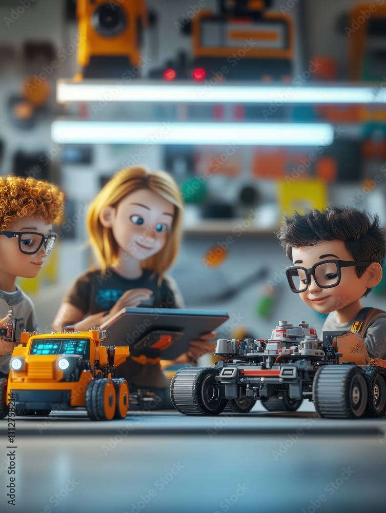 Poster happy diverse school children students group building robotic vehicle robot cars using tablet comput