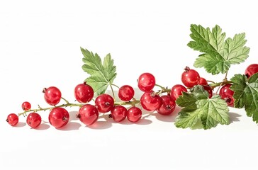 Red currant with leaves isolated on a white background, detailed photo, professional photography, high quality in natural light
