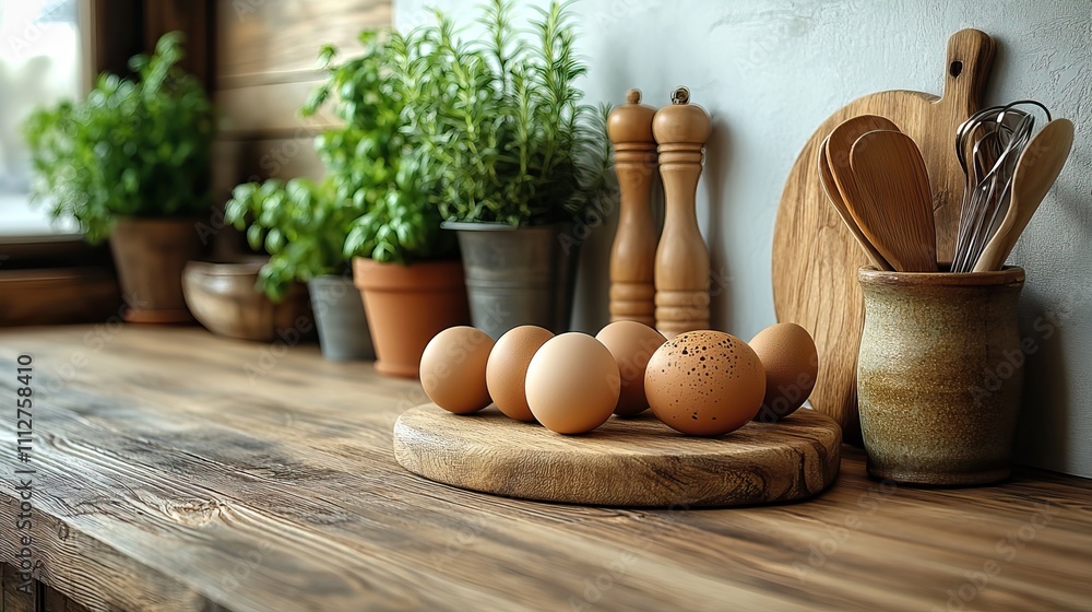 Aufkleber a mockup of a kitchen background featuring baking and cooking utensils eggs and a rolling pin on a w