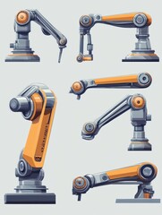 Industrial mechanical arms for assembly and manufacture. conveyor mechanical robot, automation manufacturing and production, industry factory tools illustrations