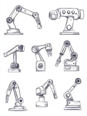 Fototapeta premium Industrial robotic arm set. Isolated robotic arm automation outline icons. Industrial robot hand line contour drawings. Flat vector machine technology, manufacturing, production industry