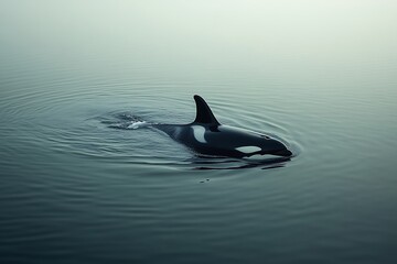 Obraz premium A majestic orca whale gracefully glides through the tranquil misty waters.