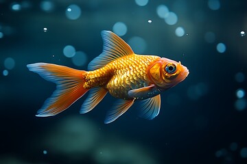 A majestic goldfish gracefully swimming in dark blue water.