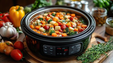 a modern kitchen with bright lighting a multi cooker and raw goods on a table preparing a nutritious vegetarian meal in a slow cooker with multiple cooker