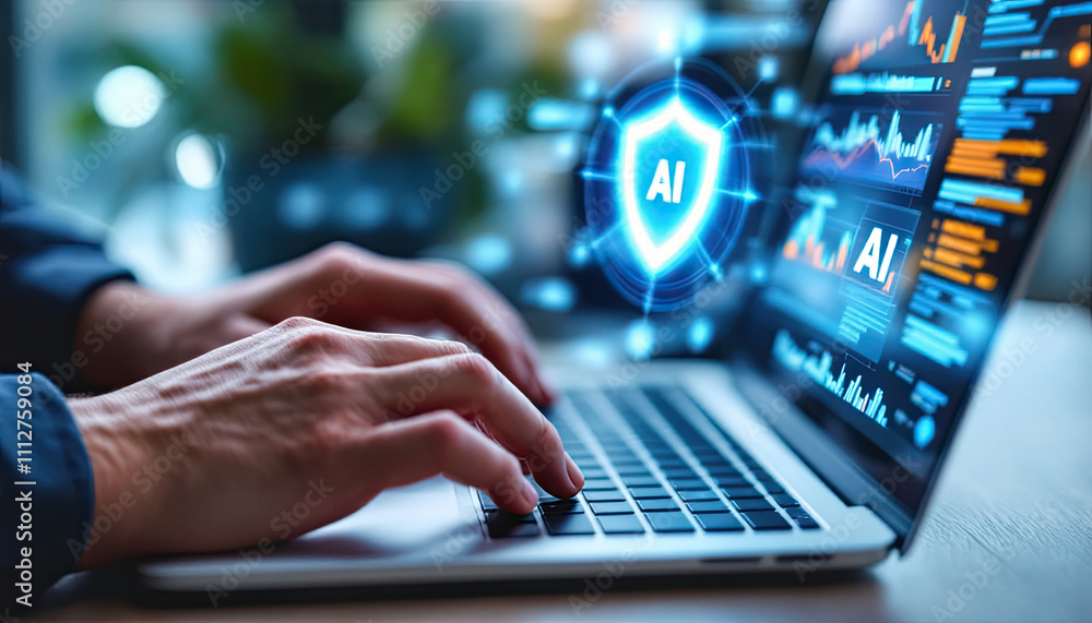 Poster a man hands typing on a laptop keyboard, with a security shield icon in text ai and displayed on the