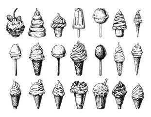 Engraving ice cream. Frozen chocolate vanilla pistachio coffee caramel mint treats in cones and on stick, popsicle with different toppings monochrome isolated vectors on white background